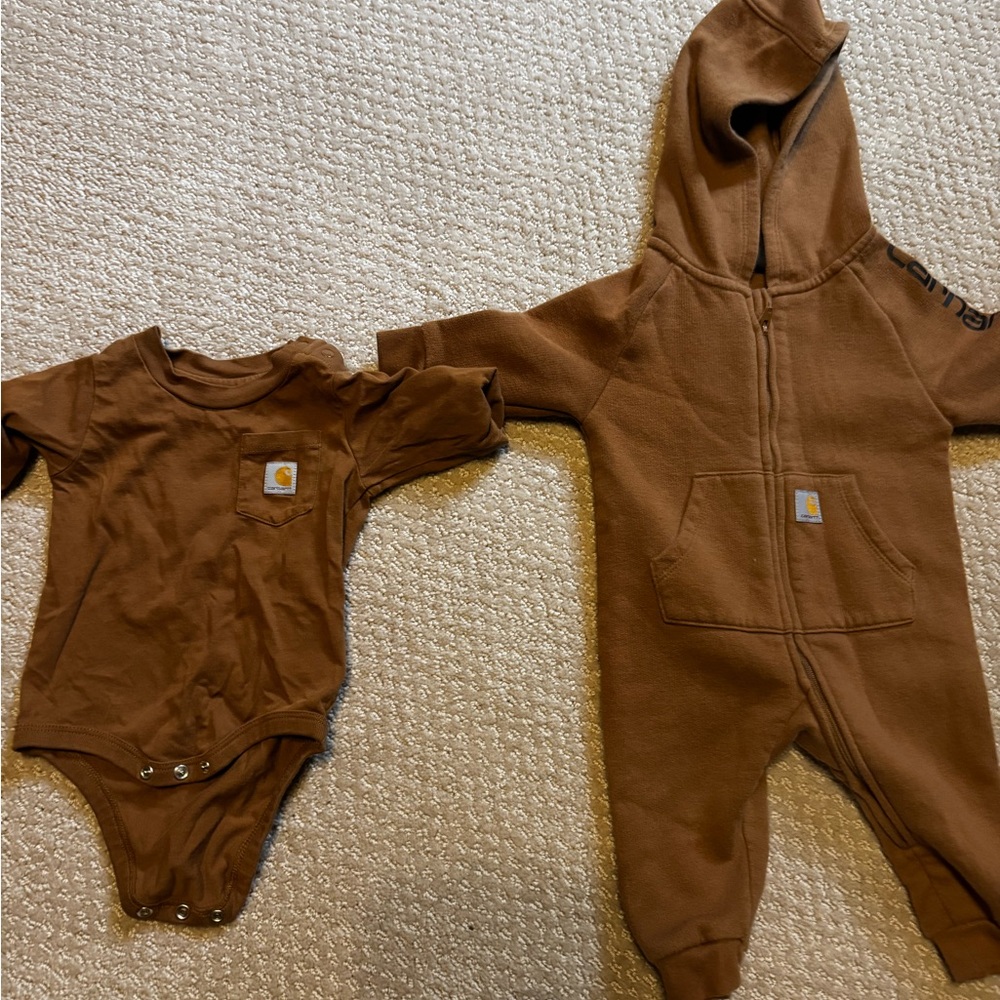 Carhartt Brown Baby Bodysuit and Hooded Coverall Set